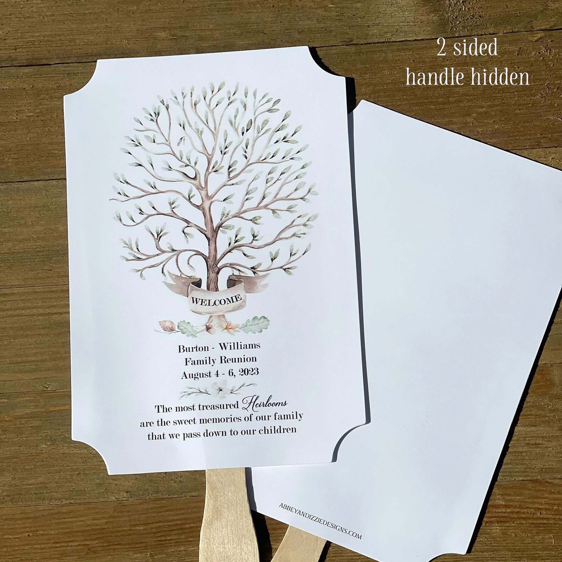 Personalized family reunion fans that ship fully assembled ready for your event.  Printed on white cardstock adorned with a beautiful tree to welcome everyone to the reunion.  Keep everyone cool and comfortable, a great keepsake for everyone to take home from the event.