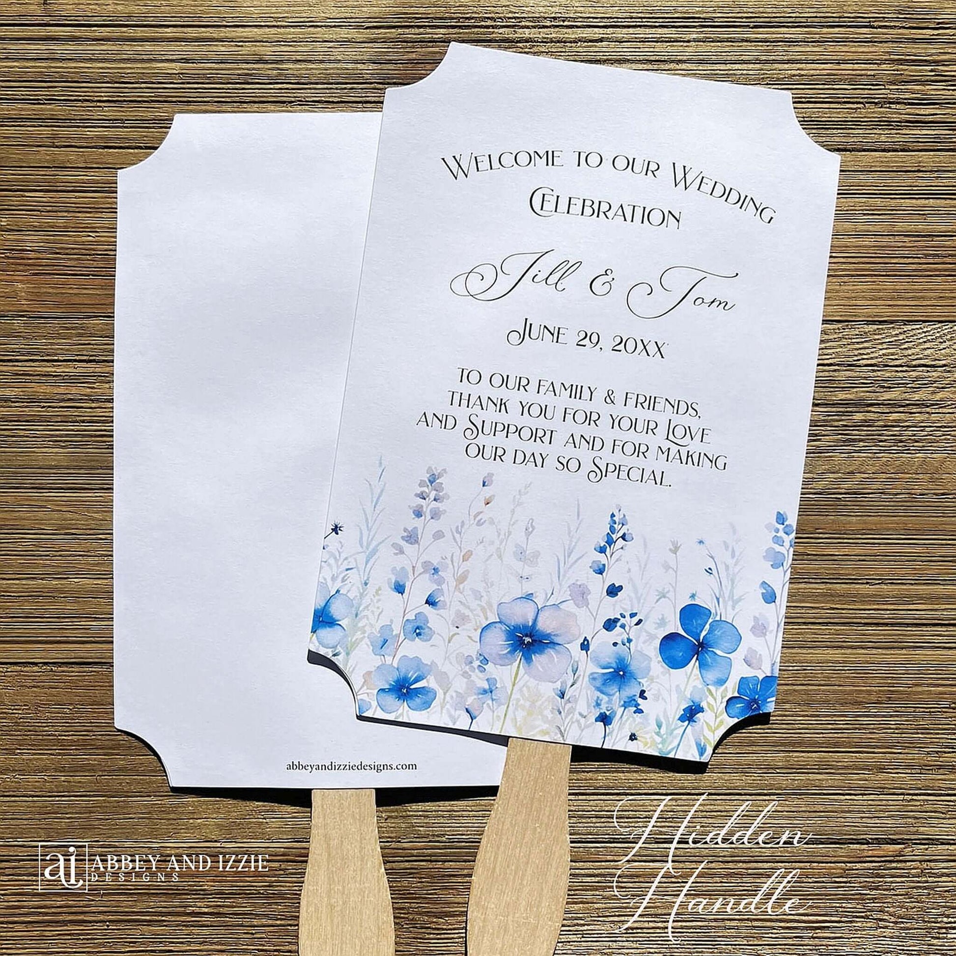 Dusty blue wedding fans personalized for that elegant touch.  Printed on white card stock, two sided with handle hidden they arrive fully assembled for your special day.