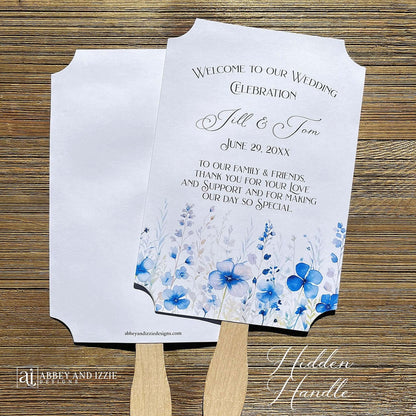 Dusty blue wedding fans personalized for that elegant touch.  Printed on white card stock, two sided with handle hidden they arrive fully assembled for your special day.