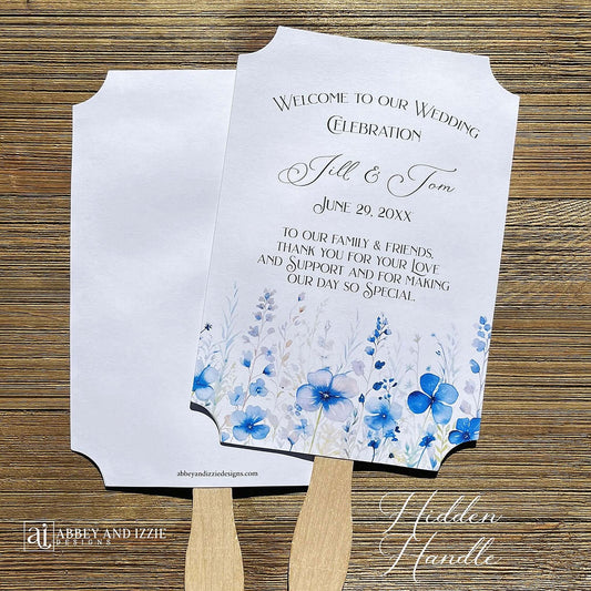 Dusty blue wedding fans personalized for that elegant touch.  Printed on white card stock, two sided with handle hidden they arrive fully assembled for your special day.