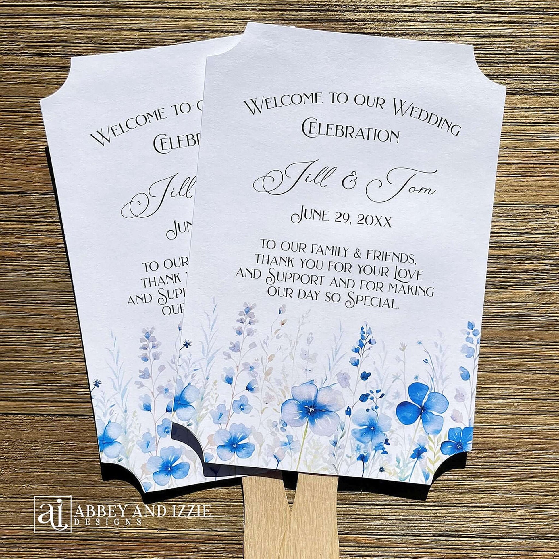 Dusty blue wedding fans personalized for that elegant touch.  Printed on white card stock, two sided with handle hidden they arrive fully assembled for your special day.