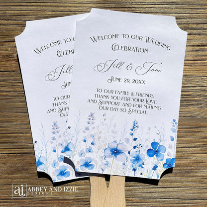 Dusty blue wedding fans personalized for that elegant touch.  Printed on white card stock, two sided with handle hidden they arrive fully assembled for your special day.