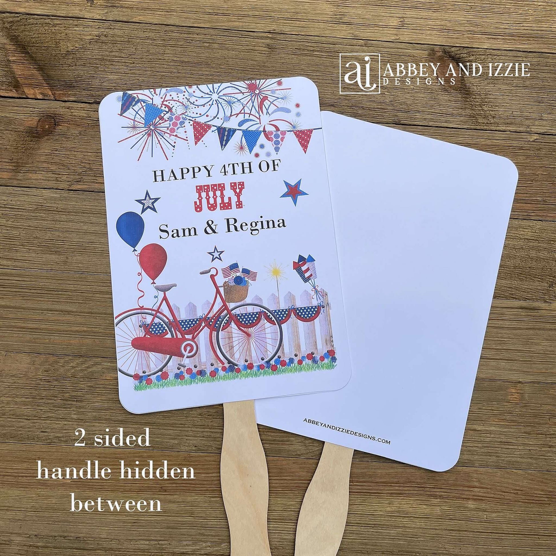 Your guests will thank you for the cool breeze these Personalized 4th of July Fans will bring.  With red, white and blue accents fans are printed on white card stock, two sided with hand hidden between.  They ship fully assembled and ready for your event.
