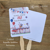 Your guests will thank you for the cool breeze these 4th of July fans will bring.  With red, white and blue accents fans are printed on white card stock, two sided with hand hidden between.  They ship fully assembled and ready for your event.