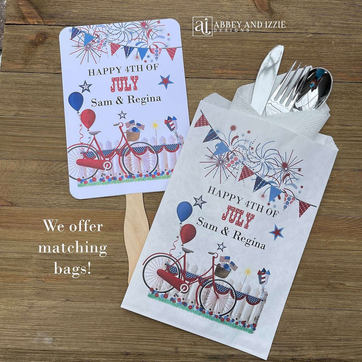 Your guests will thank you for the cool breeze these Personalized 4th of July Fans will bring.  With red, white and blue accents fans are printed on white card stock, two sided with hand hidden between.  They ship fully assembled and ready for your event.