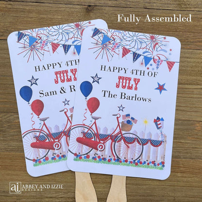 Your guests will thank you for the cool breeze these Personalized 4th of July Fans will bring.  With red, white and blue accents fans are printed on white card stock, two sided with hand hidden between.  They ship fully assembled and ready for your event.