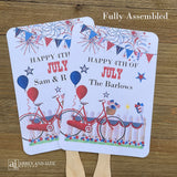 Your guests will thank you for the cool breeze these 4th of July fans will bring.  With red, white and blue accents fans are printed on white card stock, two sided with hand hidden between.  They ship fully assembled and ready for your event.