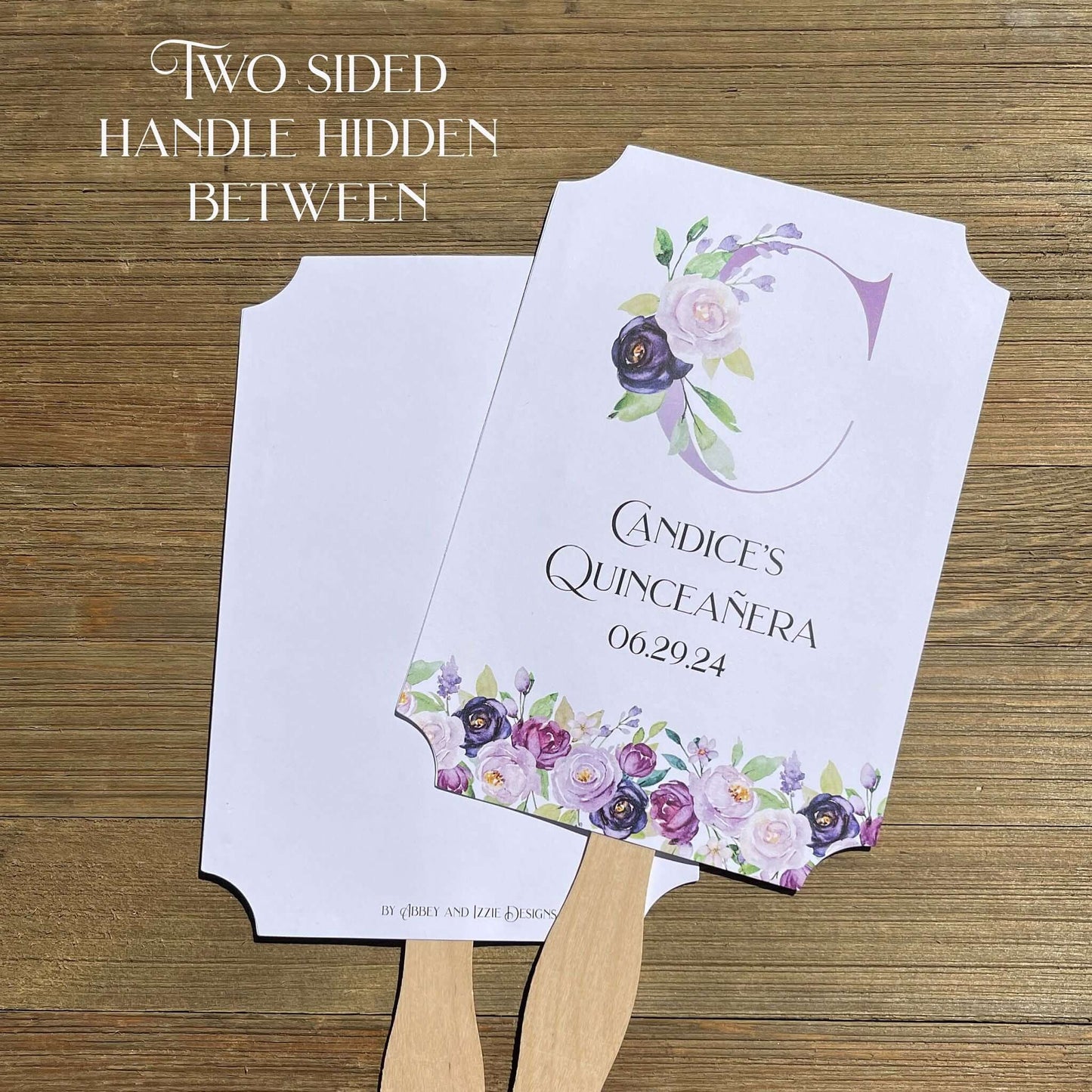Personalized Quinceanera Favor Fans, Printed on white card stock, purple flowers adorn the bottom with a large floral monogram.  Perfect to keep your guests cool and comortable with a keep sake to take home.