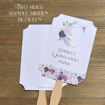 Personalized Quinceanera Favor Fans, Printed on white card stock, purple flowers adorn the bottom with a large floral monogram.  Perfect to keep your guests cool and comortable with a keep sake to take home.