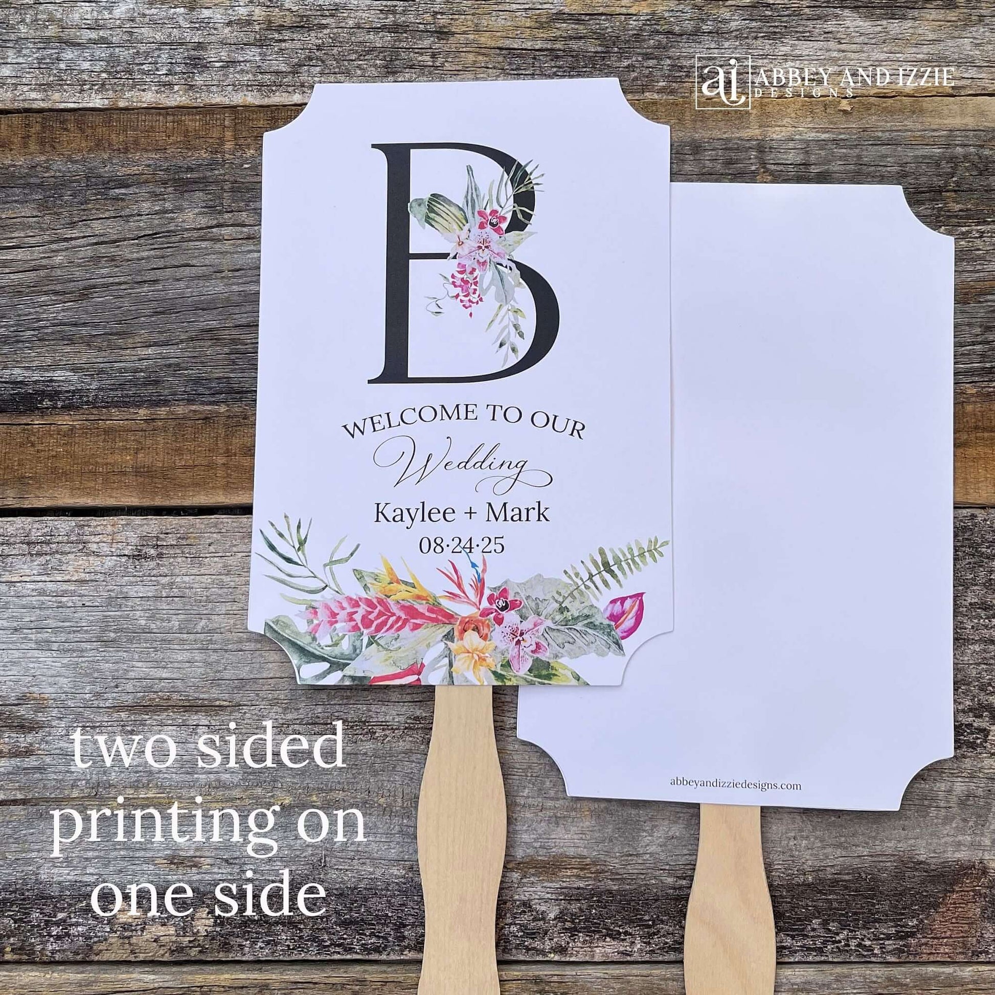 Tropical themed wedding fans monogrammed that are personalized with your large initial, bride and grooms names and wedding date. Adorned with tropical flowers, printed on white card stock. A great keepsake to take home as well as keeping your guests comfortable. Perfect for destination weddings.