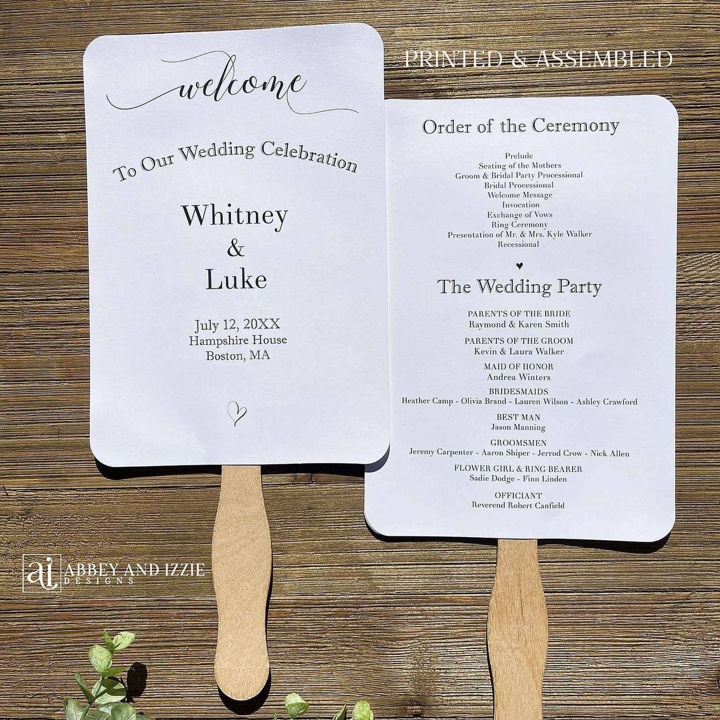 Assembled Wedding Ceremony Fans , printed on white cardstock for guests to follow the ceremony plus who's who in the wedding party.  Wedding program fans arrive to you fully assembled and ready for your special day.