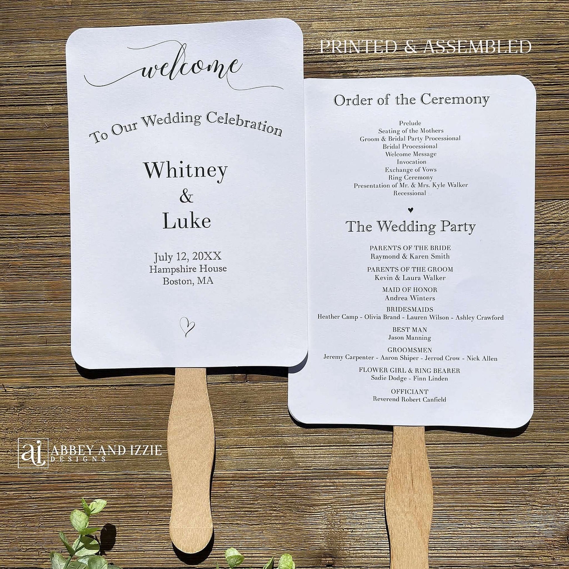 Assembled Wedding Ceremony Fans , printed on white cardstock for guests to follow the ceremony plus who's who in the wedding party.  Wedding program fans arrive to you fully assembled and ready for your special day.