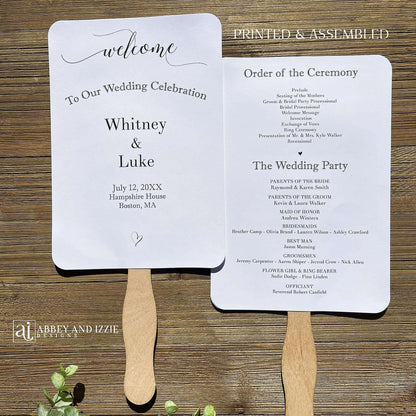 Assembled Wedding Ceremony Fans , printed on white cardstock for guests to follow the ceremony plus who's who in the wedding party.  Wedding program fans arrive to you fully assembled and ready for your special day.