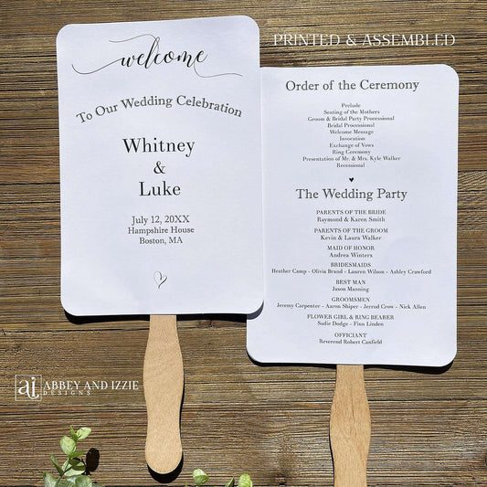 Assembled Wedding Ceremony Fans , printed on white cardstock for guests to follow the ceremony plus who's who in the wedding party.  Wedding program fans arrive to you fully assembled and ready for your special day.