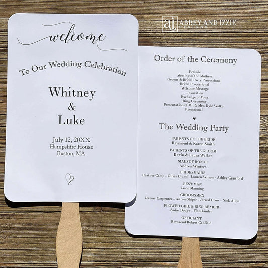 Assembled Wedding Ceremony Fans , printed on white cardstock for guests to follow the ceremony plus who's who in the wedding party.  Wedding program fans arrive to you fully assembled and ready for your special day.