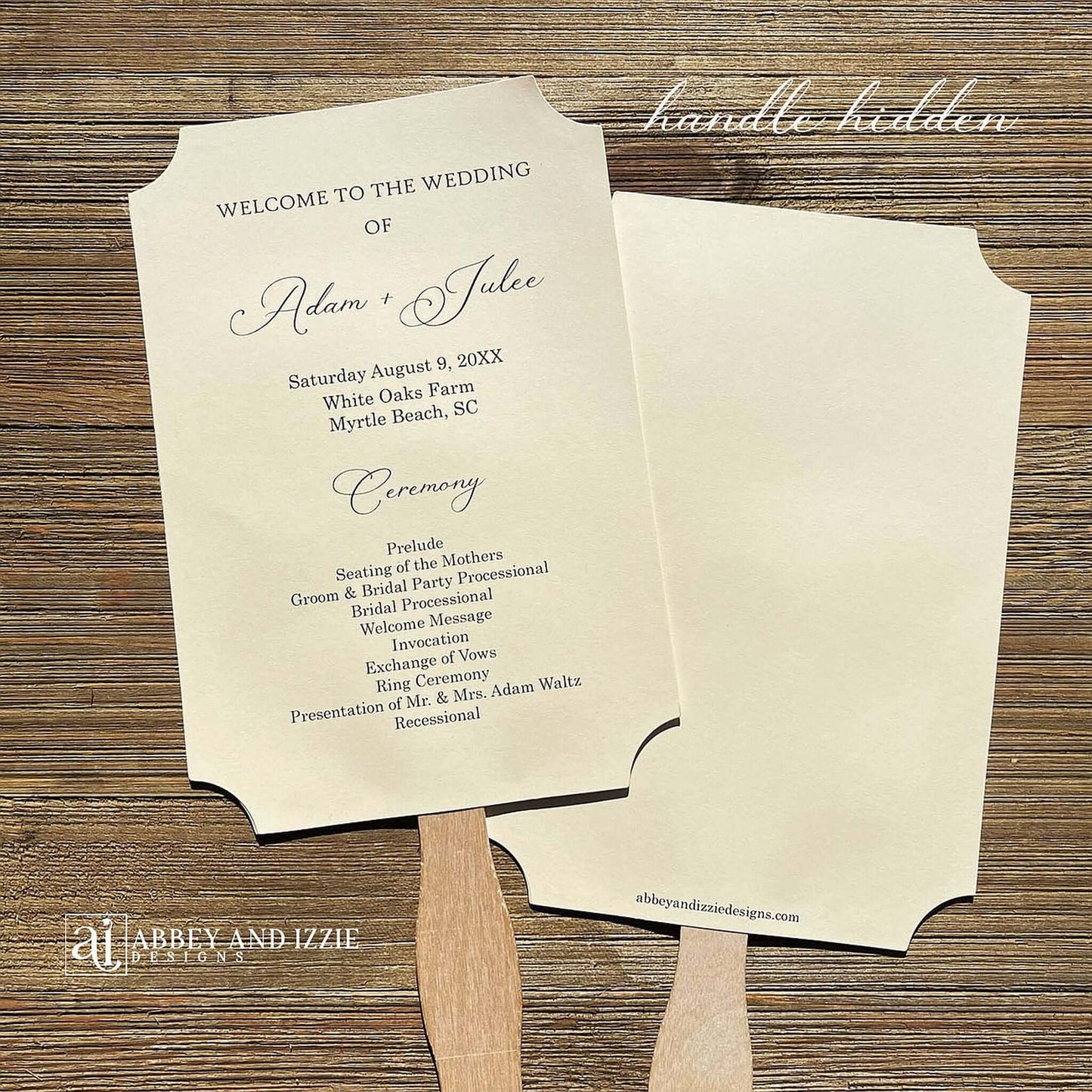 Personalized Wedding Fans Assembled that will add a touch of elegance to your wedding day.  Printed on white or ivory card stock, your choice.  Two sided with handle hidden between, printing on one side only.  Shipped assembled and ready for your special day.