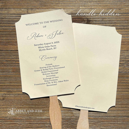 Personalized Wedding Fans Assembled that will add a touch of elegance to your wedding day.  Printed on white or ivory card stock, your choice.  Two sided with handle hidden between, printing on one side only.  Shipped assembled and ready for your special day.