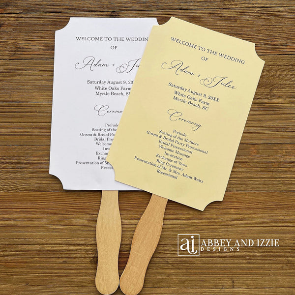 Personalized wedding fans that will add a touch of elegance to your wedding day.  Printed on white or ivory card stock, your choice.  Two sided with handle hidden between, printing on one side only.  Shipped assembled and ready for your special day.