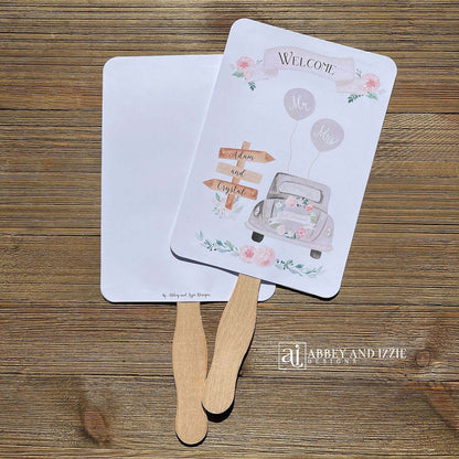 Fun Wedding Fans Personalized for the bride and groom.  Printed with Welcome and a old car with 'just married' on the back.  Fans ship fully assembled and ready for your wedding day.