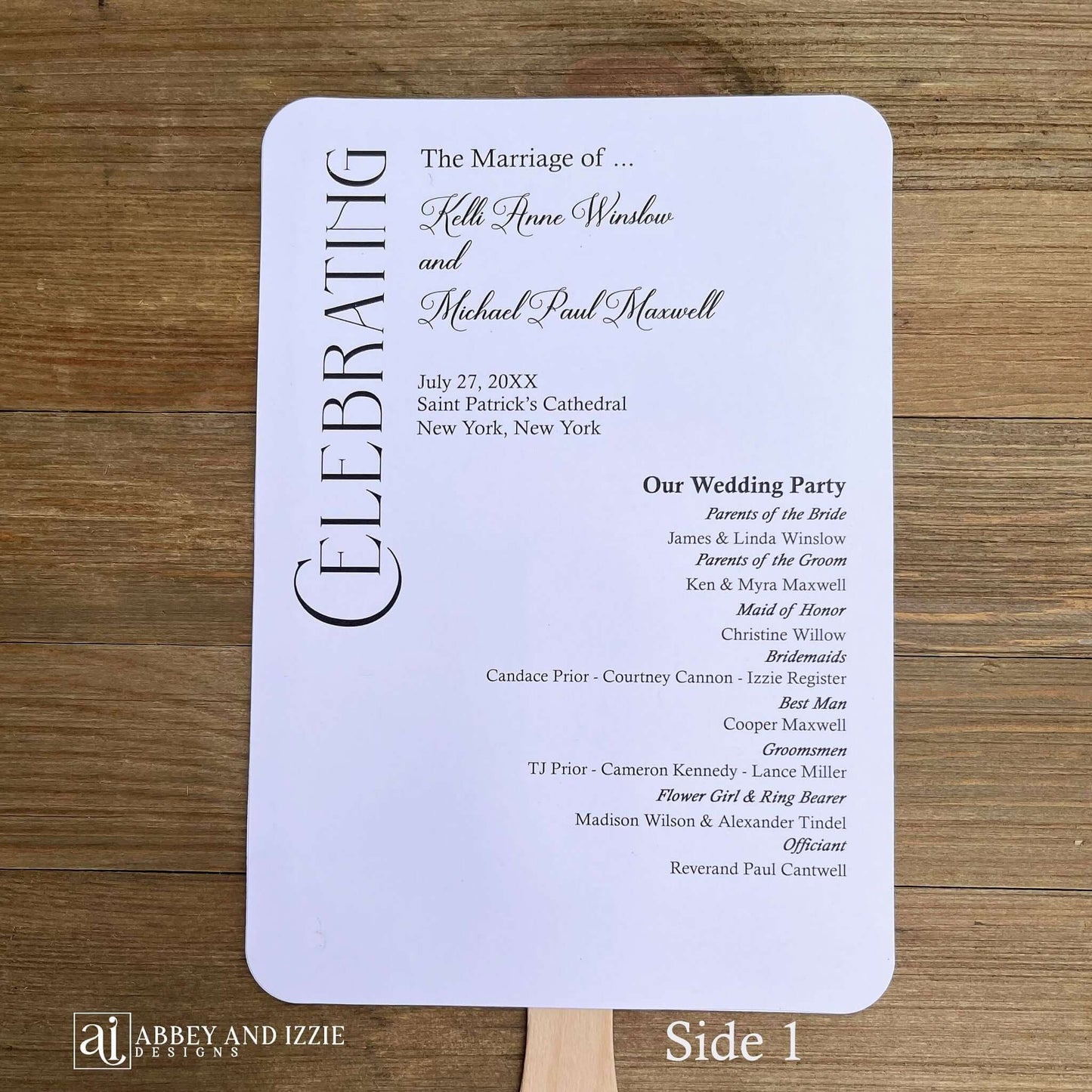 Modern wedding program fans, keep your guests cool and comfortable plus a keepsake to take home. Program fans are printed on white card stock, two sided with the wedding party on one side and the ceremony on the other.