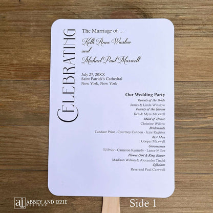 Modern wedding program fans, keep your guests cool and comfortable plus a keepsake to take home. Program fans are printed on white card stock, two sided with the wedding party on one side and the ceremony on the other.