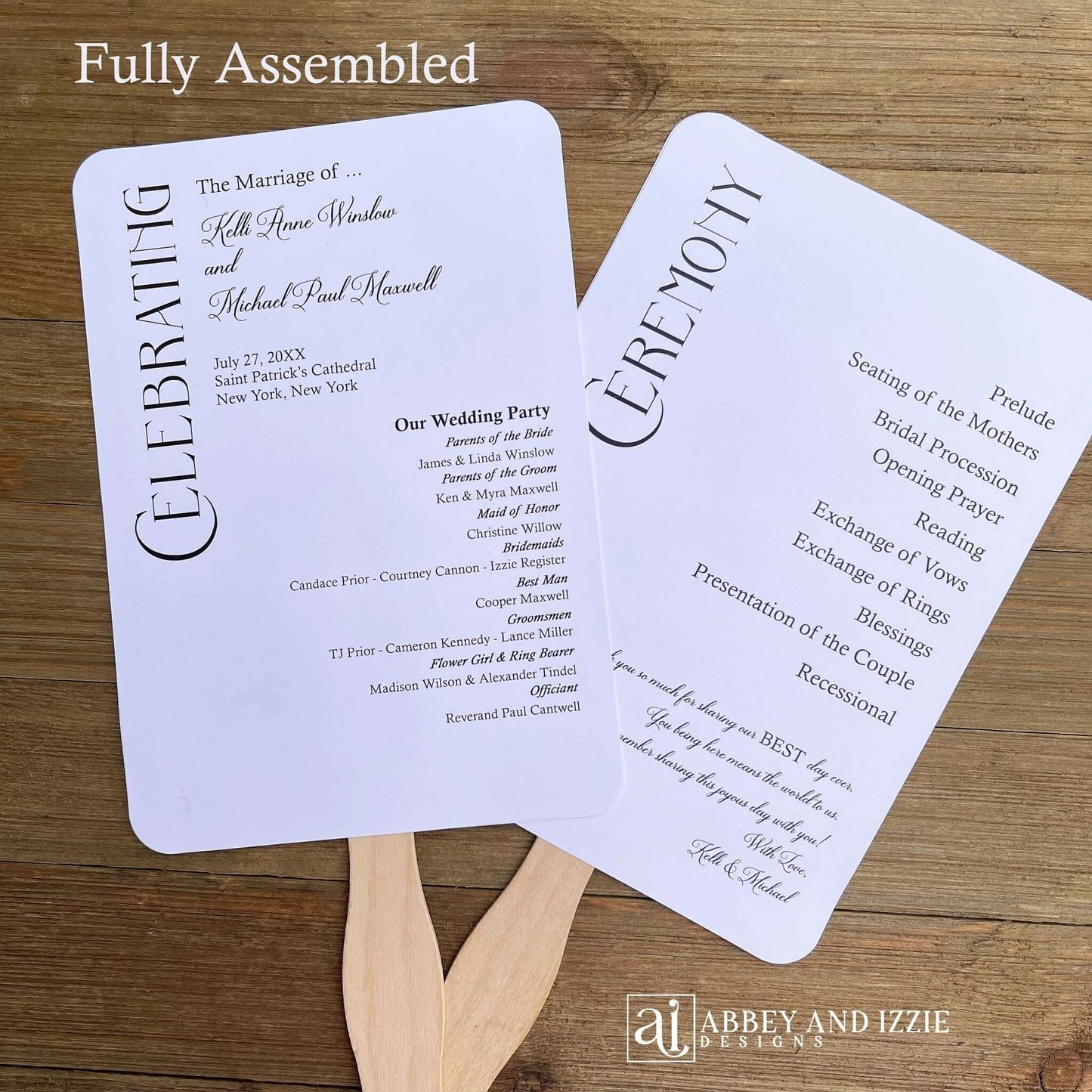 Modern wedding program fans, keep your guests cool and comfortable plus a keepsake to take home. Program fans are printed on white card stock, two sided with the wedding party on one side and the ceremony on the other.