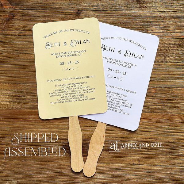 Wedding ceremony fans personalized for the bride and groom.  Printed on white or ivory card stock, two sided with handle hidden between, printing on one side only.  Also included a sweet thank you to your guests for coming.