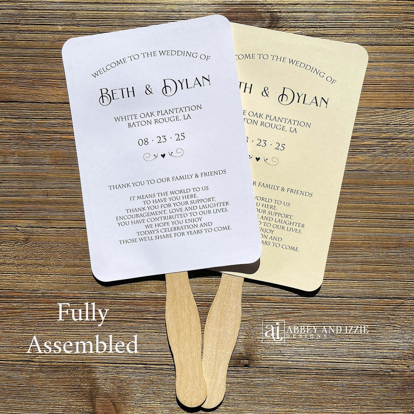 Ceremony Wedding Fans Personalized  for the bride and groom.  Printed on white or ivory card stock, two sided with handle hidden between, printing on one side only.  Also included a sweet thank you to your guests for coming.