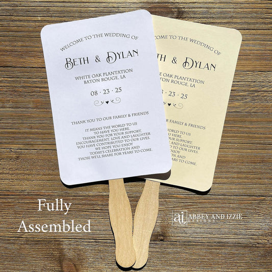 Ceremony Wedding Fans Personalized  for the bride and groom.  Printed on white or ivory card stock, two sided with handle hidden between, printing on one side only.  Also included a sweet thank you to your guests for coming.