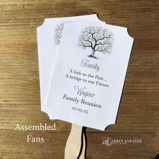 Custom Fans For Family Reunion, personalized for the special event.  Family saying printed along with the family name and date of reunion.  Wonderful keepsake for everyone to take home from the event.