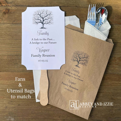 Custom Fans For Family Reunion, personalized for the special event.  Family saying printed along with the family name and date of reunion.  Wonderful keepsake for everyone to take home from the event.