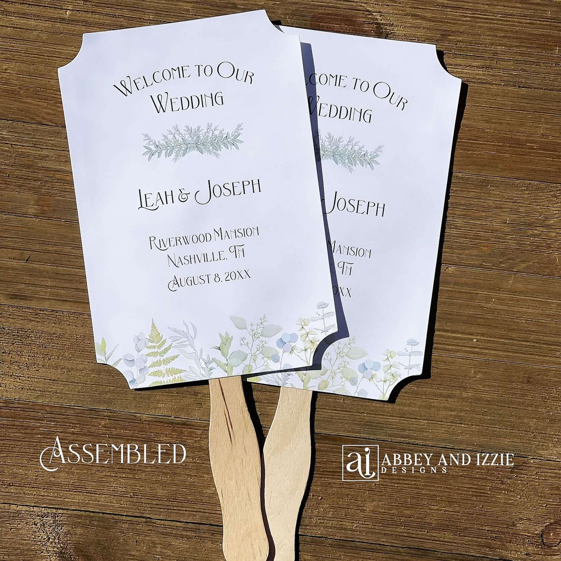 Greenery Wedding Favor Fans personalized and shipped assembled.  White fans with  bride and grooms names, date and wedding location.  