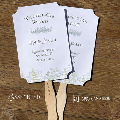 Greenery Wedding Favor Fans personalized and shipped assembled.  White fans with  bride and grooms names, date and wedding location.  