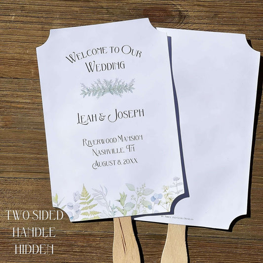 Greenery Wedding Favor Fans personalized and shipped assembled.  White fans with  bride and grooms names, date and wedding location.  