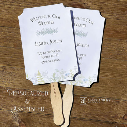 Greenery Wedding Favor Fans personalized and shipped assembled.  White fans with  bride and grooms names, date and wedding location.  