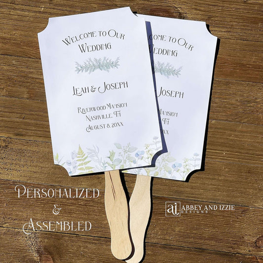 Greenery Wedding Favor Fans personalized and shipped assembled.  White fans with  bride and grooms names, date and wedding location.  