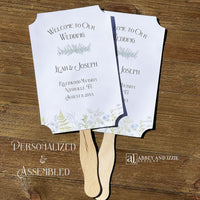 Greenery Wedding Fans, personalized and shipped assembled.  White fans with  bride and grooms names, date and wedding location.  