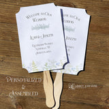 Greenery Wedding Fans, personalized and shipped assembled.  White fans with  bride and grooms names, date and wedding location.  