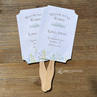 Greenery Wedding Fans, personalized and shipped assembled.  White fans with  bride and grooms names, date and wedding location.  