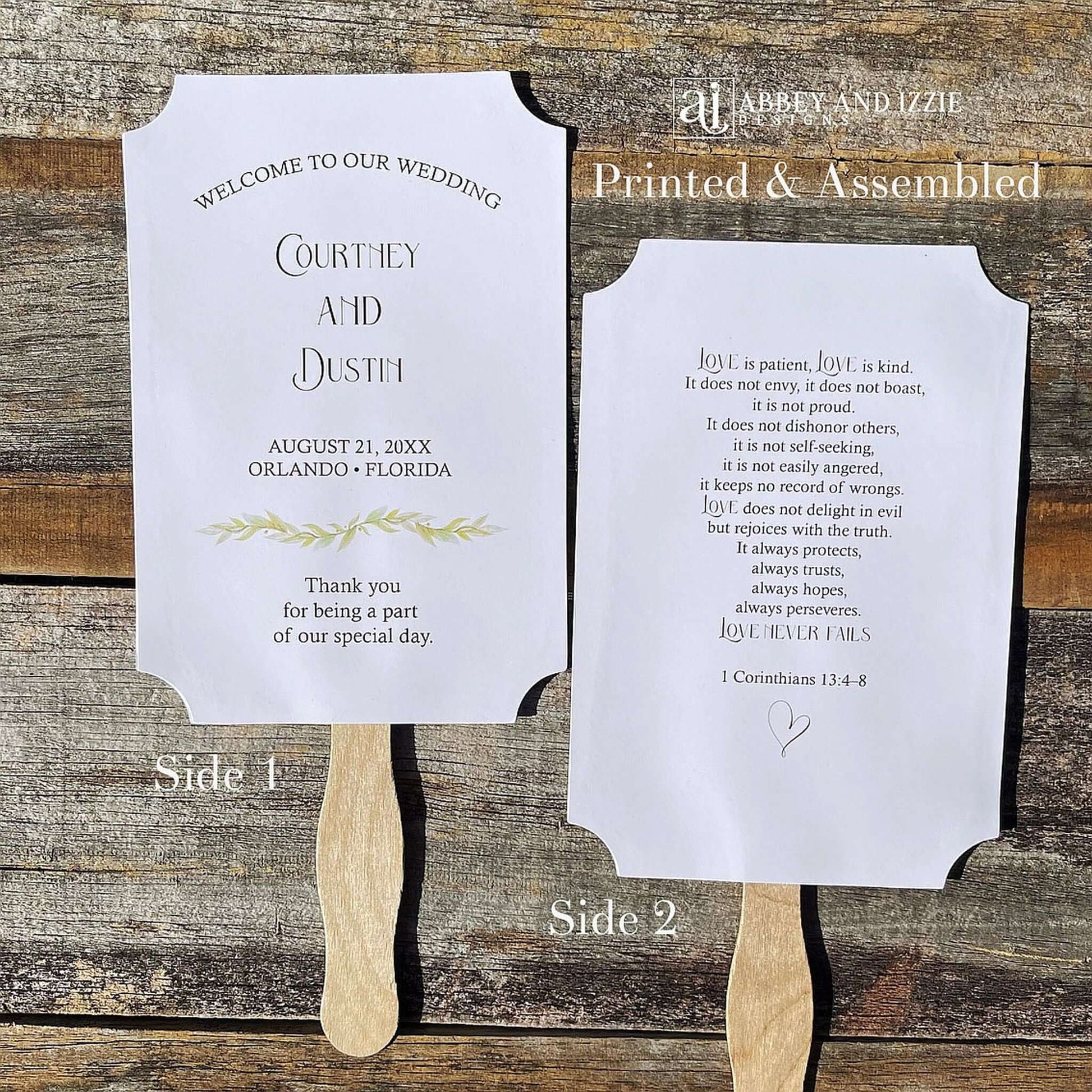Religious wedding fans that are personalized, printed on white card stock and shipped fully assembled. Front side welcomes your guests with the bride and groom, wedding date and place. Back side is printed with 1 Corinthians 13:4-8 Love is patient