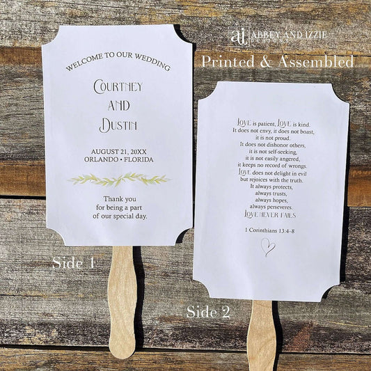 Religious wedding fans that are personalized, printed on white card stock and shipped fully assembled. Front side welcomes your guests with the bride and groom, wedding date and place. Back side is printed with 1 Corinthians 13:4-8 Love is patient