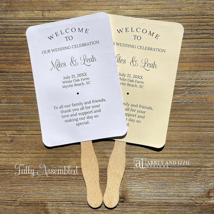 Wedding program fans printed with names, date, a thank you plus your ceremony order and the wedding party.  Fans are printed and shipped to you assembled for your special day.  Your choice of white or ivory card stock.