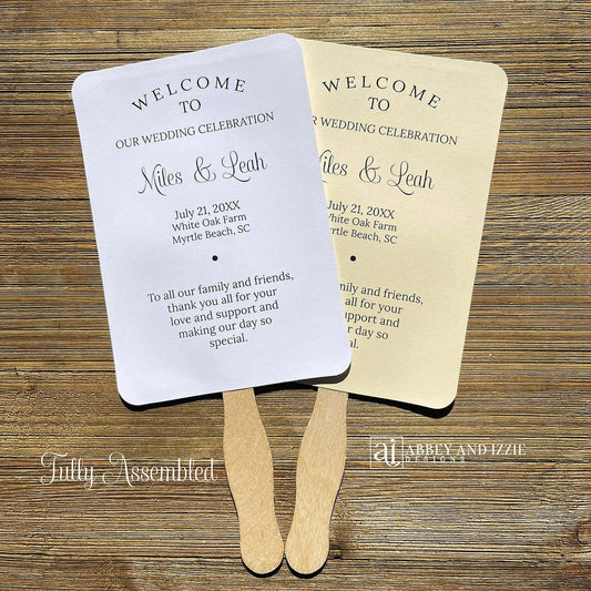 Wedding program fans printed with names, date, a thank you plus your ceremony order and the wedding party.  Fans are printed and shipped to you assembled for your special day.  Your choice of white or ivory card stock.