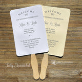 Wedding program fans printed with names, date, a thank you plus your ceremony order and the wedding party.  Fans are printed and shipped to you assembled for your special day.  Your choice of white or ivory card stock.