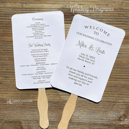 Wedding program fans printed with names, date, a thank you plus your ceremony order and the wedding party.  Fans are printed and shipped to you assembled for your special day.  Your choice of white or ivory card stock.