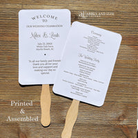 Wedding program fans printed with names, date, a thank you plus your ceremony order and the wedding party.  Fans are printed and shipped to you assembled for your special day.  Your choice of white or ivory card stock.