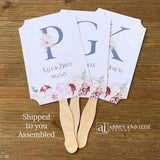 Monogram Wedding Fans, personalized for the bride and groom.  Large initial highlighted by pink and burgundy floral.  Fans ship fully assembled, 2 sided with hand hidden for a finished look.