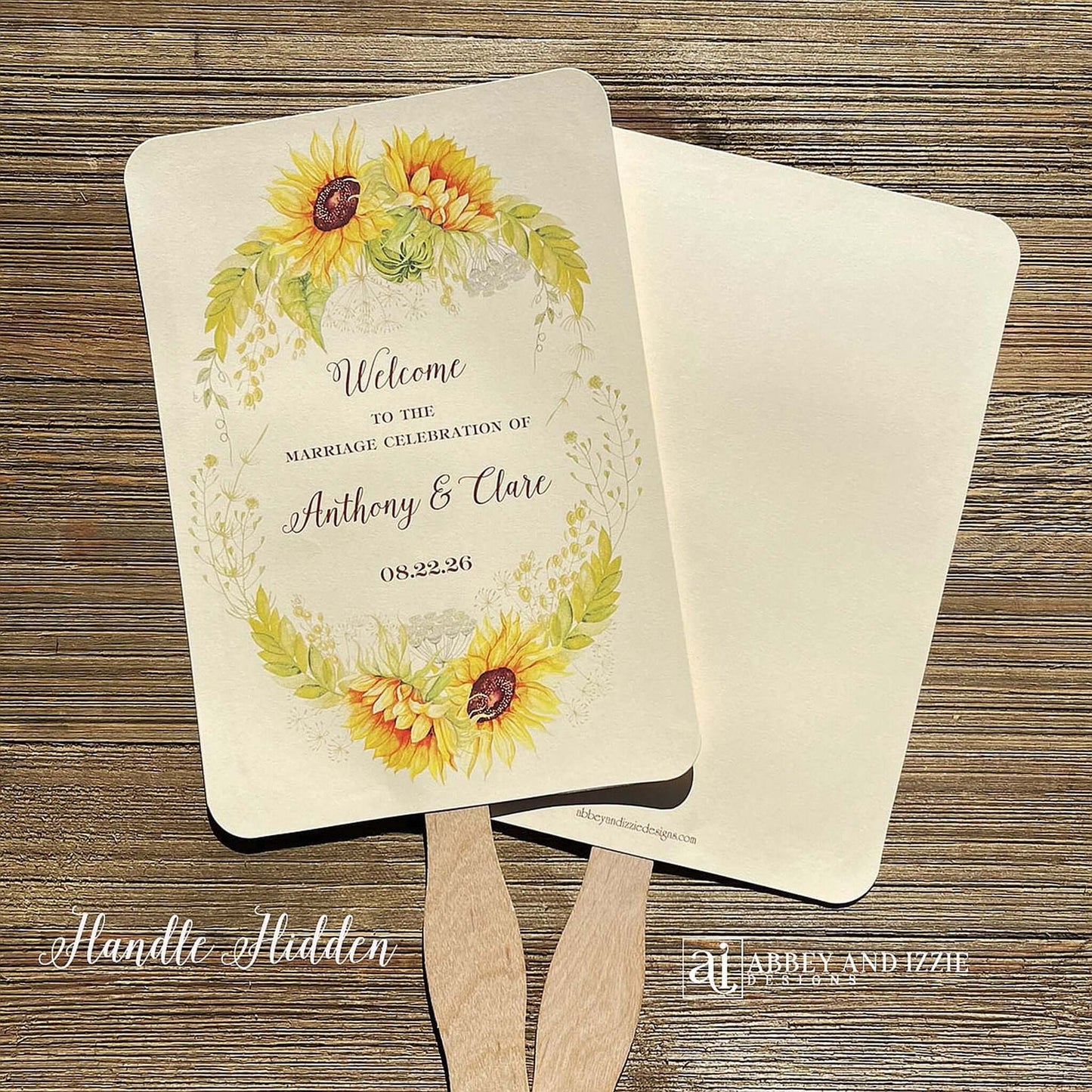 Sunflower Wedding Hand Fans Personalized , personalized for the bride and groom and adorned with a ring of sunflowers.  Fans are printed on ivory cardstock, two sided so handle is hidden between.  Wedding fans ship fully assembled and ready for your big day.
