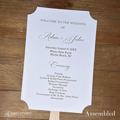 Personalized Wedding Fans Assembled that will add a touch of elegance to your wedding day.  Printed on white cardstock.  Two sided with handle hidden between, printing on one side only.  Shipped assembled and ready for your special day.
