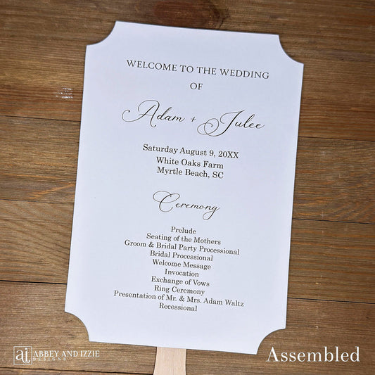 Personalized Wedding Fans Assembled that will add a touch of elegance to your wedding day.  Printed on white cardstock.  Two sided with handle hidden between, printing on one side only.  Shipped assembled and ready for your special day.